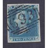 GREAT BRITAIN STAMPS : 1841 Two Penny Blue (TJ) very fine four margin example cancelled by 693