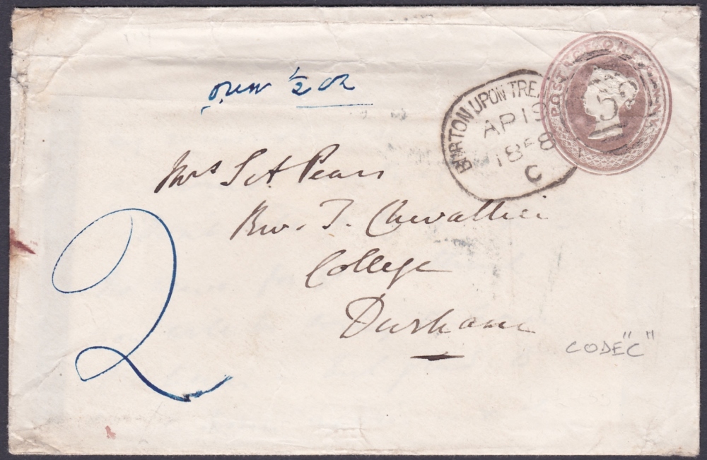 POSTAL HISTORY : 1858 Burton on Trent spoon cancel on postal stationery envelope,