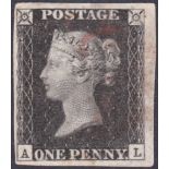 PENNY BLACK Plate 10 lettered (AL) , four margin example cancelled by red MX, Cat £1000