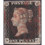 PENNY BLACK Plate 7 lettered (NC) , four margin example cancelled by red MX