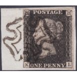 PENNY BLACK Plate 11 lettered (KL), fine three margin example on piece showing full MX cancel,