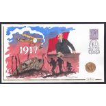 1917 Gold Sovereign in limited edition Benham hand illustrated cover celebrating World events in