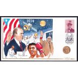 1974 Gold Sovereign in limited edition Benham hand illustrated cover celebrating World events in