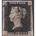 PENNY BLACK Plate 9 lettered (OK), fine four margin example showing clear Q flaw.