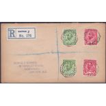 FIRST DAY COVER : 1912 28th Sept., GV Downey Head (SG 334/7) booklet stamps on a registered Oswald