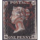 PENNY BLACK Plate 4 , fine four margin example lettered (QH) , cancelled by red MX