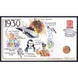 1930 Gold Sovereign in limited edition Benham hand illustrated cover celebrating World events in