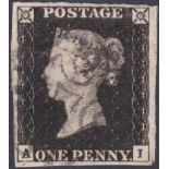 PENNY BLACK Plate 4 lettered (AI) fine four margin example in intense black shade. SG 1