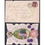 Valentines : 1872 printed colour card adorned with pressed flowers,