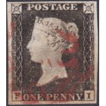 PENNY BLACK Plate 1a lettered (FI) , four margin example, showing double F variety, light horizontal