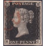 PENNY BLACK Plate 7 , fine four margined Penny Black lettered (EC) cancelled by red MX