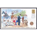 1907 Gold Sovereign in limited edition Benham hand illustrated cover celebrating World events in