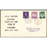 FIRST DAY COVER : 1963 29th Jan, Scotland Regionals, phosphor line issue, 3d, 6d & 1/3d on cached