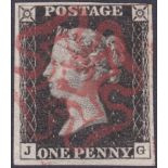 PENNY BLACK Plate 5 , four margin example lettered (JG), cancelled by central red MX, listed variety