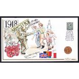 1918 Gold Sovereign in limited edition Benham hand illustrated cover celebrating World events in