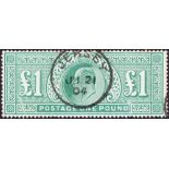 GREAT BRITAIN STAMPS : 1902 £1 dull blue green. Fine used example cancelled by Jersey CDS dated 21st
