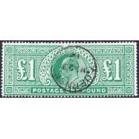 GREAT BRITAIN STAMPS : 1911 £1 deep green, very fine used example cancelled by small Guernsey CDS