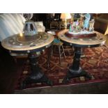 Pair of Inlaid Marble Top Tables of Circular Form Triform Stands Each 24 Inches Wide x 29 Inches