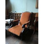 Antique Ochre Upholstered Carved Mahogany Armchair 42 Inches High