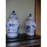 Pair of Decorative Blue and White Oriental Vases with Lids Each 20 Inches High