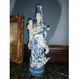 Oriental Blue and White Porcelain Figure Depicting Mother and child 23 Inches High