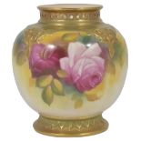 A ROYAL WORCESTER SMALL VASE, 1938 the bulbous lobed body painted by Mildred Hunt with pink Hadley