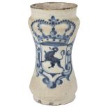 A SPANISH BLUE AND WHITE ALBARELLO, MID 18TH CENTURY slightly waisted, painted with a crown and