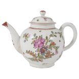 A Lowestoft 'Curtis' pattern globular teapot and cover, 1770s painted with flower groups and