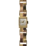 LADY'S BI-COLOURED GOLD WATCH, RENSIE, 1950s the square white dial with numeral and pellet