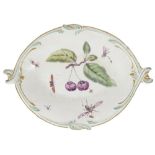 A DERBY PORCELAIN DISH, CIRCA 1758 shaped oval, painted in the centre with a branch of cherries