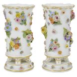 A PAIR OF MEISSEN SPILL VASES, LATE 19TH CENTURY the cylindrical bodies applied with scattered