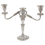 A GEORGE V SILVER THREE-LIGHT CANDELABRUM, POSTON PRODUCTS LTD., BIRMINGHAM, 1964 shaped oval