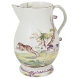 A DERBY JUG, CIRCA 1758 baluster, scroll handle and pointed spout, painted in colours with a
