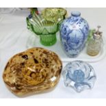 A Royal Bonn blue and white ovoid vase; a selection of coloured glassware, including a cut scent