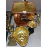An anodized copper coal box; brass fire irons; a set of brass kitchen scales and weights; etc.