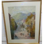 Early 20th Century:  Village street with figures and horses, watercolour, unsigned, 26½" x 19½",