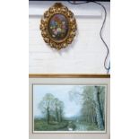 An oval oil on board:  still life with flowers, in gilt metal scrolled frame, 17½" overall; a