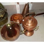A copper warming pan; 2 copper flasks; copper kettle; copper urn etc