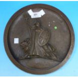 A circular cast bronze plaque with Britannia and lion, diameter 10"