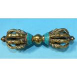 A Tibetan vajra in brass inset turquoise; a reproduction oriental brass 4 face bronze; a Satsuma