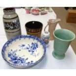 A Doulton blue and white wash bowl; 1930's vases; 1970's German lava ware; etc.