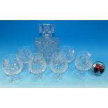 A set of 6 cut crystal brandy glasses and decanter; a set of 6 "Cathedral Crystal" wine glasses; a