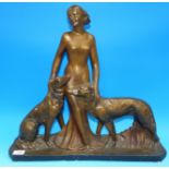 An Art Deco gilt plaster figure:  woman and 2 greyhounds