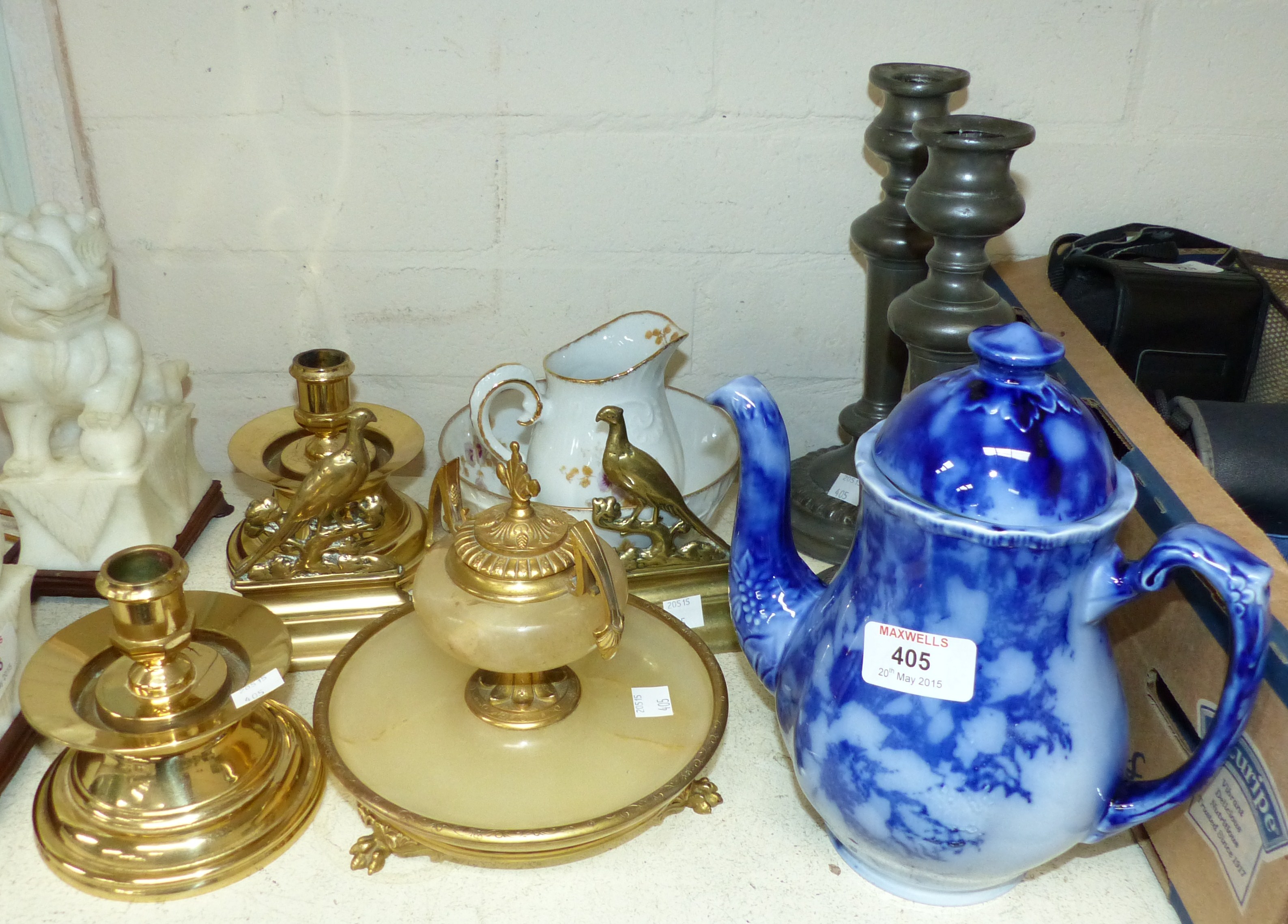 A 19th century flow blue coffee pot; a pair of pewter candlesticks; other metalware