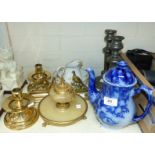 A 19th century flow blue coffee pot; a pair of pewter candlesticks; other metalware