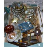 Two sets of tortoiseshell finish brushes and other dressing table requisites; a selection of brass