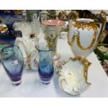 Two Caithness vases; a lustre vase; a lustre swan vase (a.f.); a shell shaped bowl; a decorative