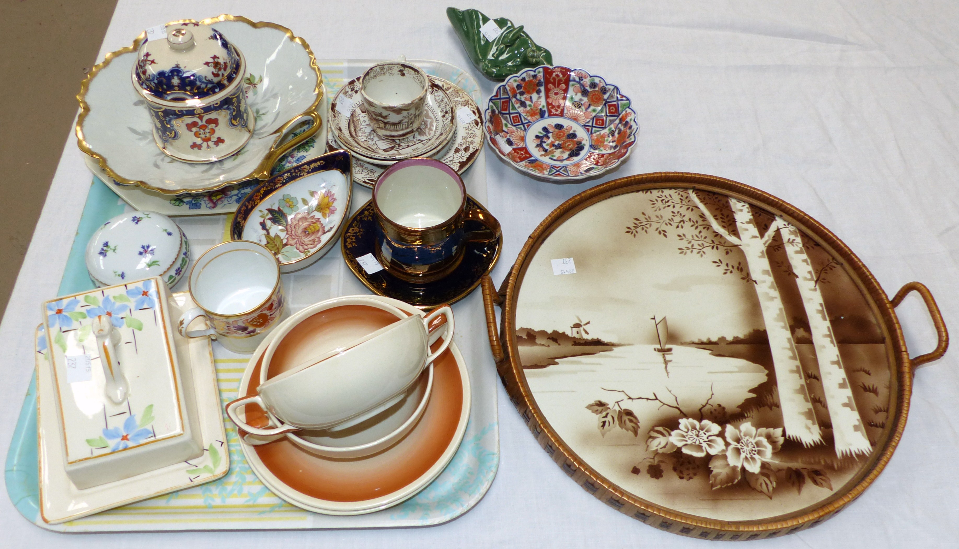 Two Susie Cooper soup bowls and saucers; decorative china including Limoges