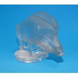 A Lalique wild boar car mascot, etched in upper case, length 3½"