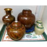 A modern bronzed cloisonné ginger jar; a similar smaller jar and vase (a.f.); a pair of modern